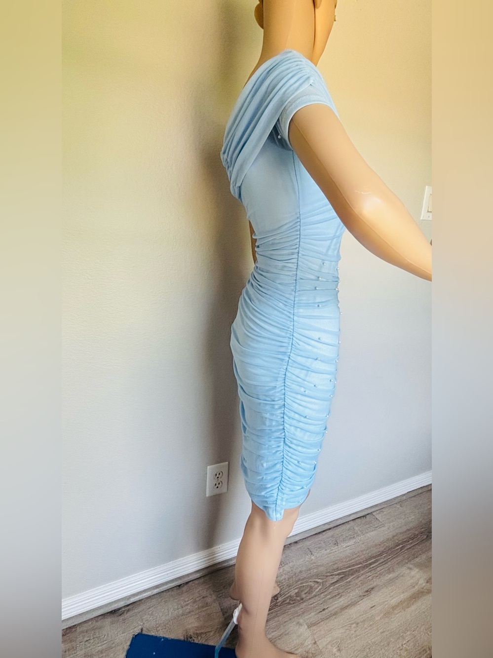 SHEIN Light Blue Pearl-Embellished Open Shoulder beaded Bodycon Dress - Picture 12 of 15